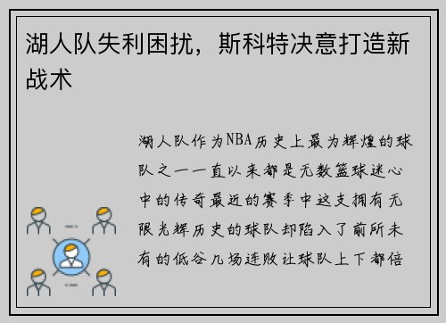 湖人队失利困扰，斯科特决意打造新战术